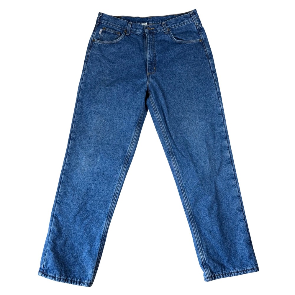 Carhartt B155 DST Mens 36x32 Relaxed Fit Fleece Lined Blue Denim Jeans Workwear